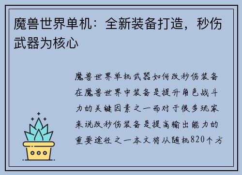 魔兽世界单机：全新装备打造，秒伤武器为核心